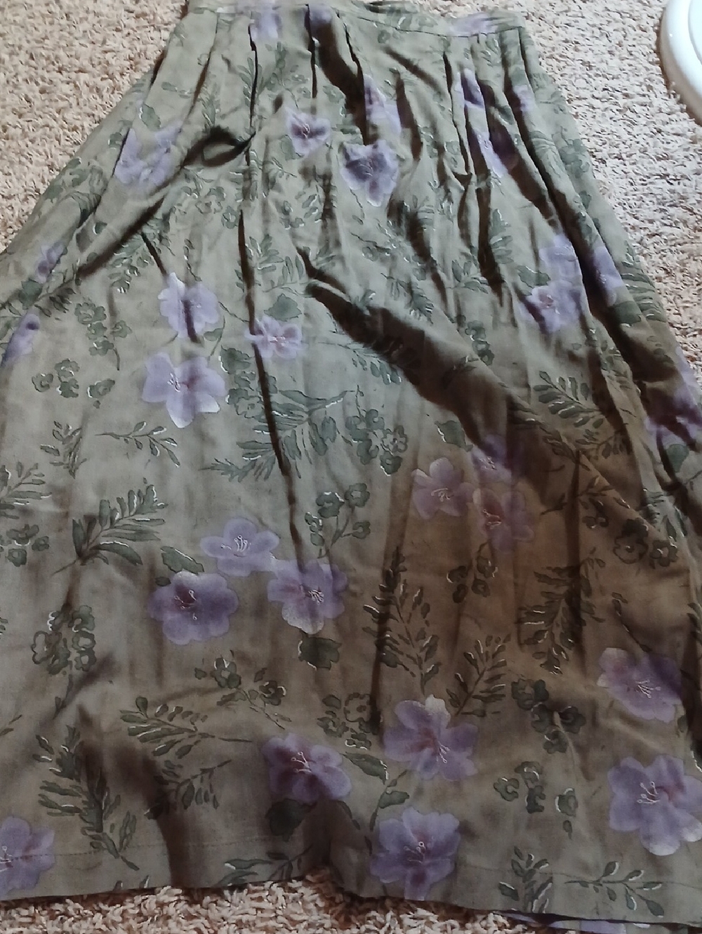 Sag Harbor Olive Green Floral Midi Skirt with Lavender Flowers
